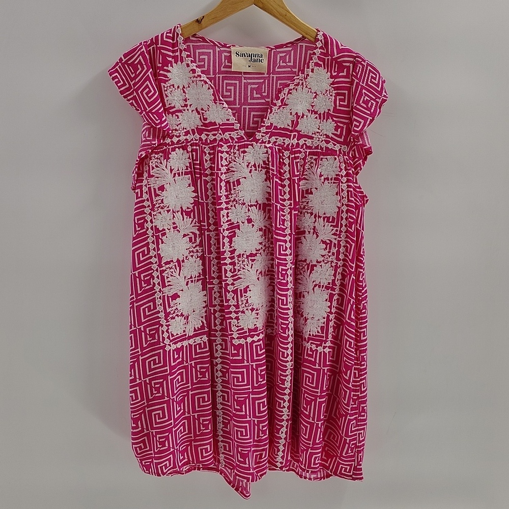 Savanna Jane Mini Dress Size Medium Pink White Floral Embroidery